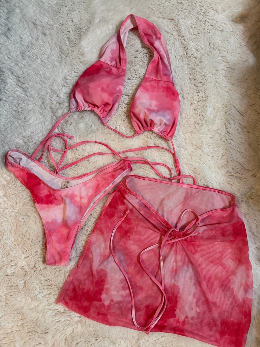 Pink Tie-Dye String Bikini Set with Mesh Cover-Up size small